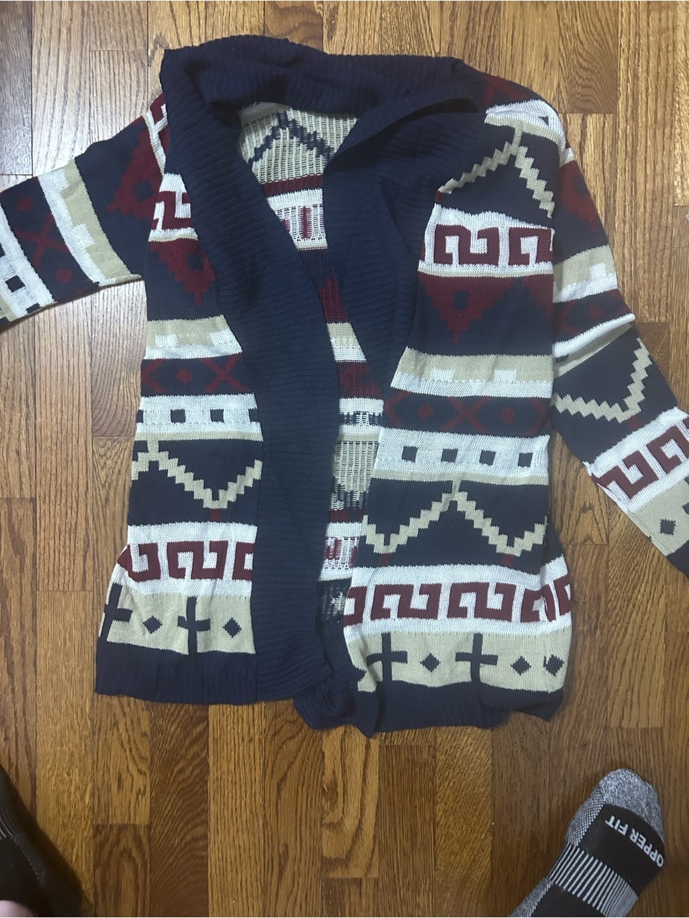 Say What? Navy, Cream & Burgundy Patterned Open Cardigan